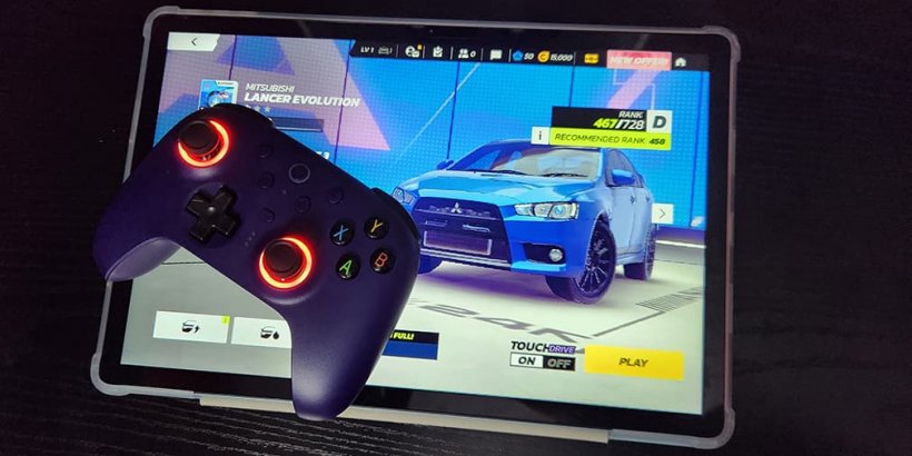 Purple 8BitDo Ultimate 2 Wireless Controller resting on a tablet with Asphalt Legends playing on screen