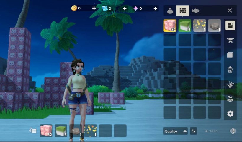 a female character with a menu interface where you place blocks to build