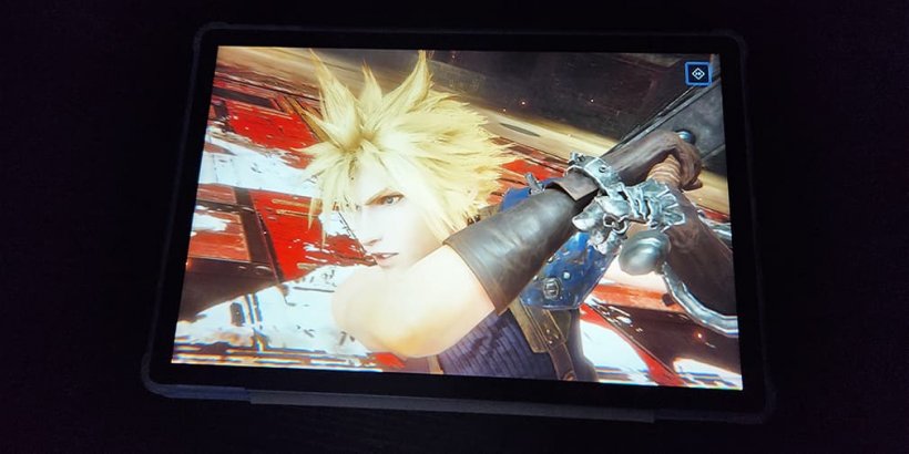 Front view of blackview mega 8 tablet with Cloud from Final Fantasy VII Ever Crisis on screen