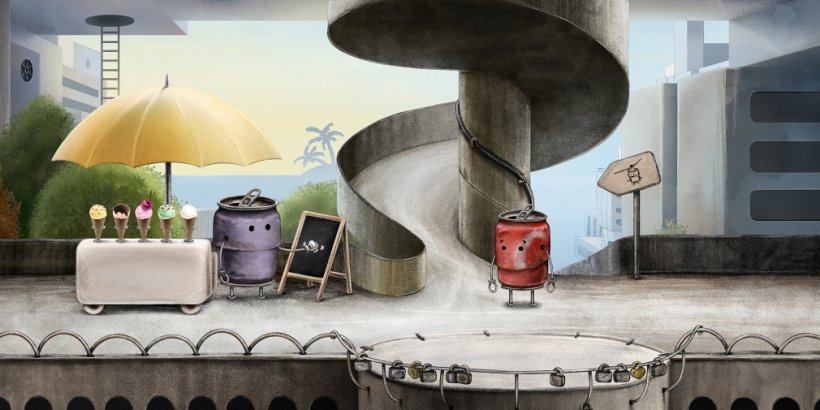 A red can stands in front of a spiral pathway