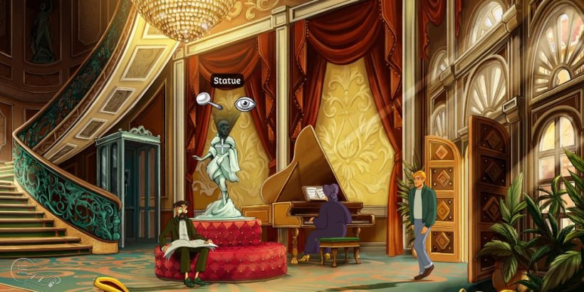 George enters the hotel lobby.