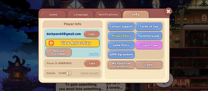 cookie run witchs castle settings menu with code redemption button