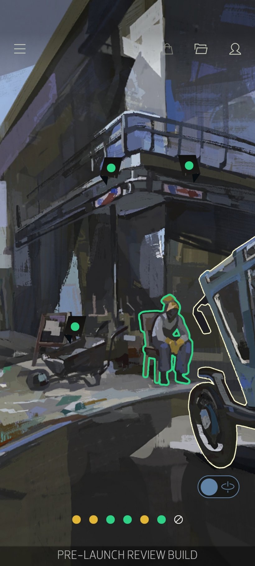 A picture of a scene in Disco Elysium Mobile outside the hostel with icons for interactivity