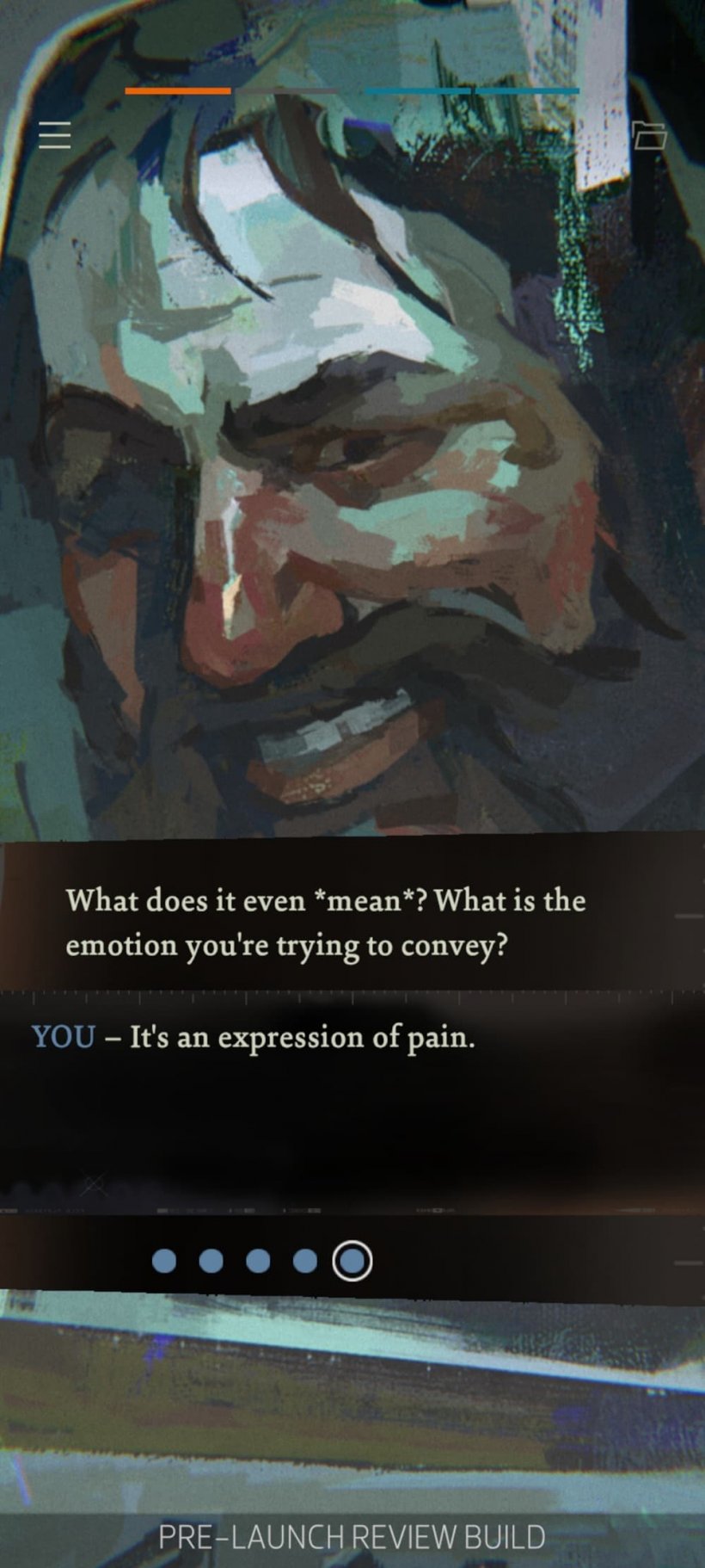 A screenshot of the main character of Disco Elysium looking at the viewer from a mirror. The text questions 'what emotion is this trying to convey?' and the answer is 'it's an expression of pain'