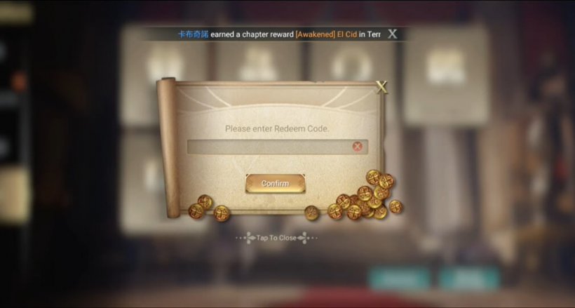Window in the game saying Please enter redeem code