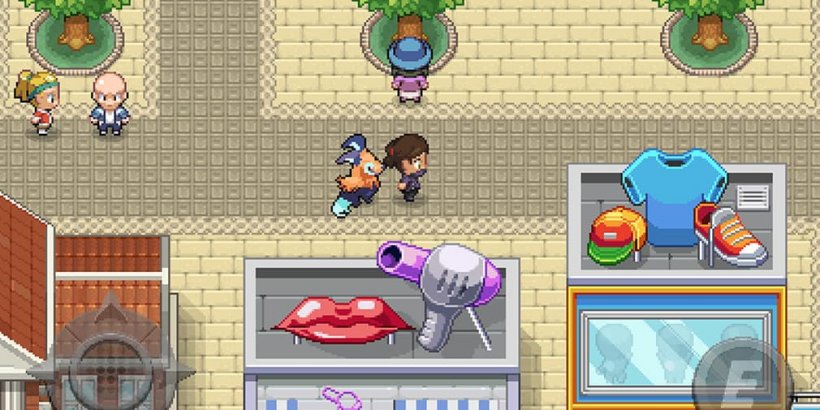 Female, brunette evoker walking through town with creo, passing a salon