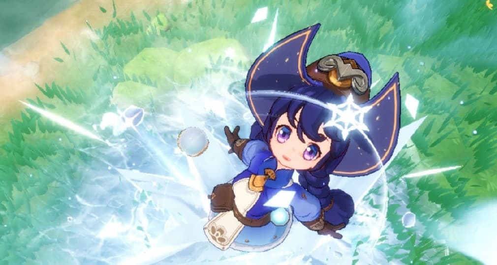 scholar class girl with witchy hat and an orb surrounded by ice