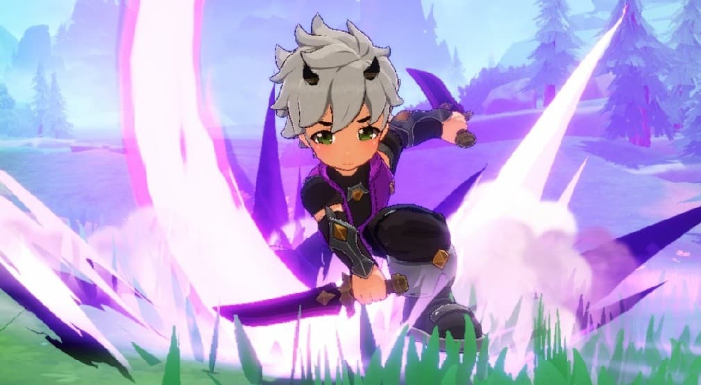 demon boy with two daggers surrounded by purple effects