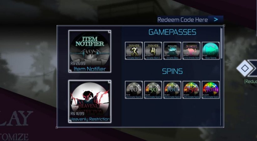 jujutsu infinite code redemption interface in the shop