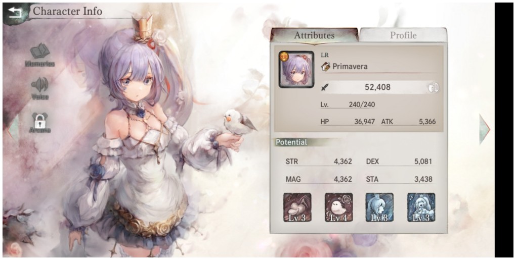 Primavera with a small crown on her head holding a small white bird