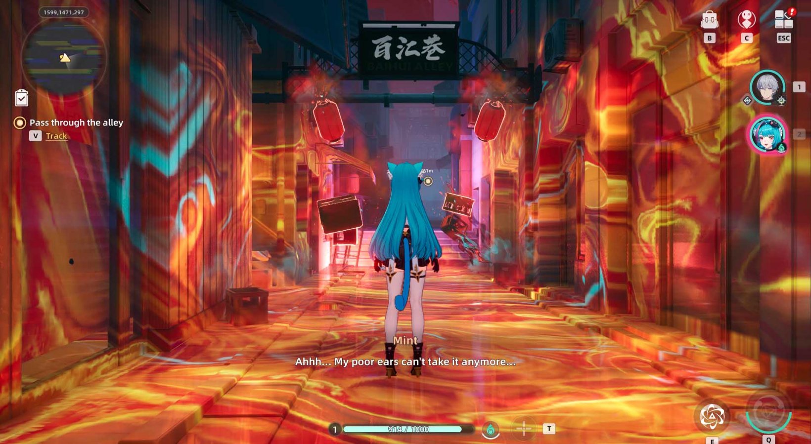 a female character with blue hair going through an anomaly stage