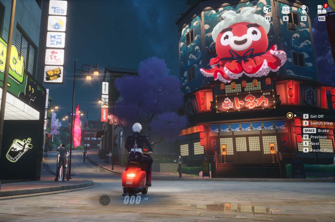 a character on a motorbike looking up at a takoyaki restaurant