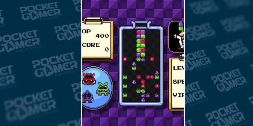 Mario attacking the viruses with capsules.