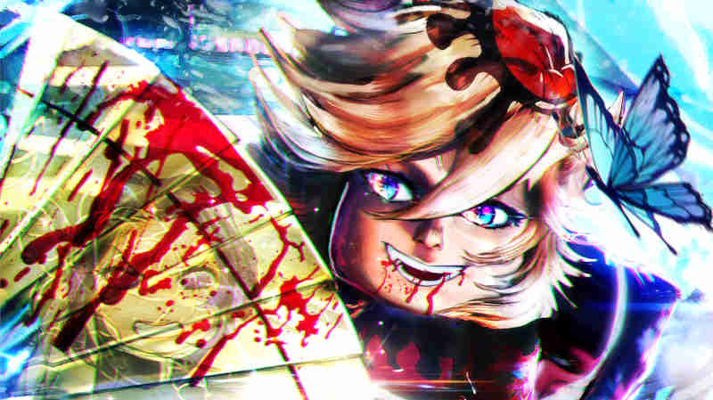 Character holding a golden bloodied hand-fan smiling