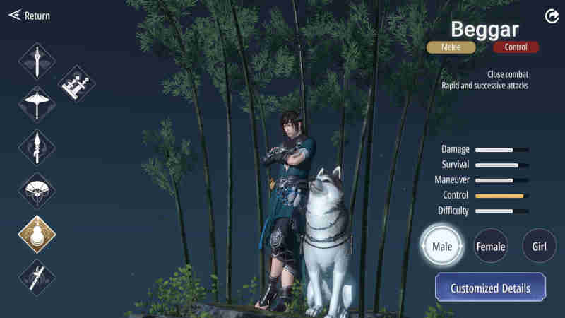 Beggar class character standing next to Husky