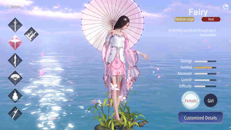 Fairy holding an umbrella, standing on a huge body of water