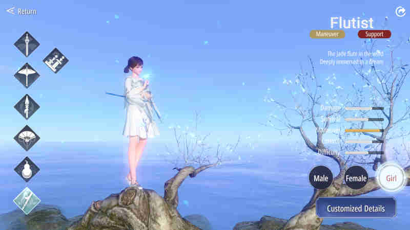 Flutist in white standing on the small isle